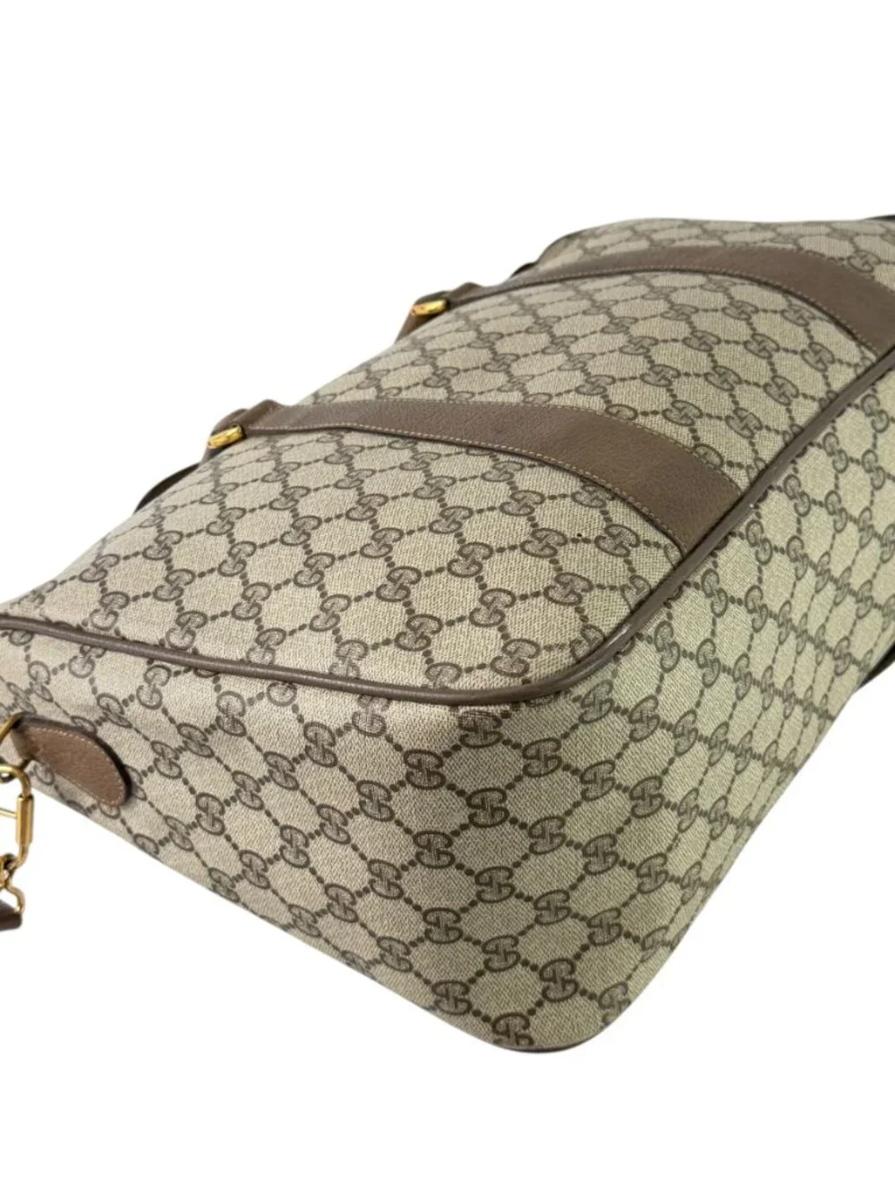 GUCCI Beige Canvas GG Monogram Web Accent Supreme Boston Bag Made in Italy